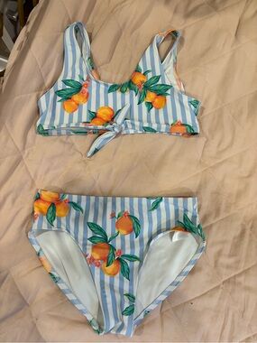 SHEIN Light Blue & White Striped Girls Bikini with Orange Fruit Print